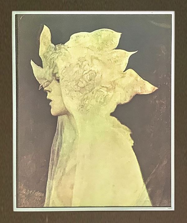 Litografia su lastra d’argento raffigurante profilo di donna in bianco, firmata in basso a sinistra G. De Stefano. H cm 28x22, in cornice cm 56x50