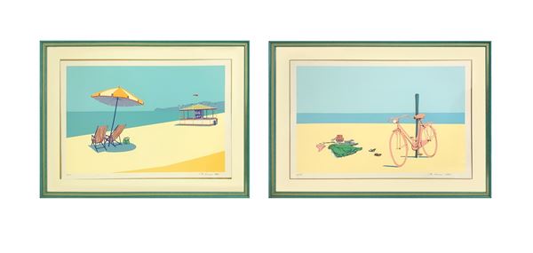 Coppia di litografie raffiguranti 1) bicicletta e vestiti sulla spiaggia (24/125) e ombrellone con sdraio (26/125). Firmate M. Cassinari Vettor. In cornice cm 58x78