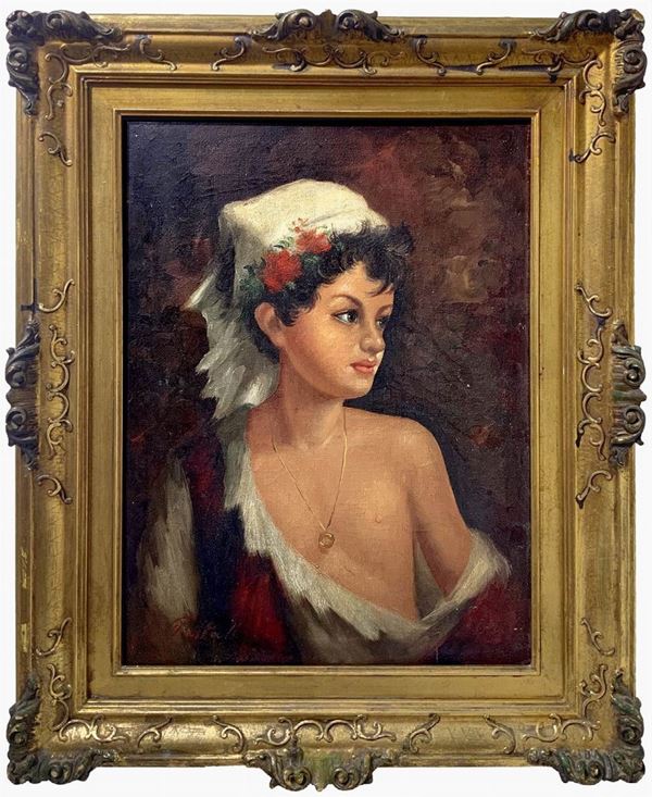 Dipinto ad olio su tela raffigurante ritratto di fanciulla. Pittore italiano del XX secolo. Cm 68x48,5