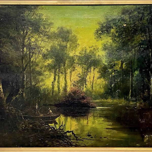 Dipinto ad olio su tela raffigurante fiume con alberi e barca, XIX secolo. Cm 31 x41