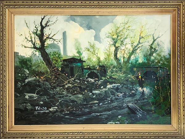 Dipinto ad olio su tela raffigurante paesaggio con ciminiera, firmato in basso a sinistra Faliero (1948). Cm 45x65, in cornice cm 70x90