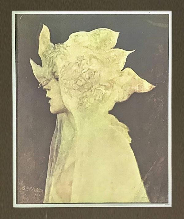 Lithograph on silver plate depicting woman profile in white. Signed at the bottom left G. De Stefano. H 28x22 cm, in frame 56x50 cm