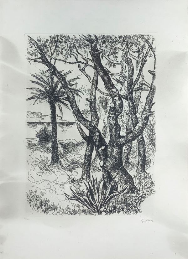 Guttuso, incisione raffigurante paesaggio. n 96/100, datata 75. 
Cm 70x50 , in cornice 90 x 70 