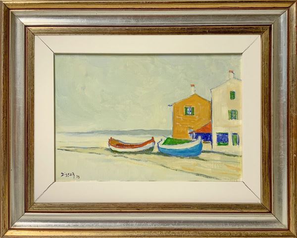 Max Dissar (1908-1993), dipinto ad olio su tela raffigurante paesaggio "Provence". raffigurante spiaggia con barche. Firmato in basso a sinistra e ... 