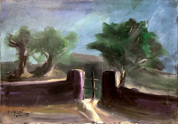 Dipinto ad olio su tela (mancante di cornice) raffigurante paesaggio con muretto e cancello. firmato in basso a sinistra Sfera.
Cm 50x70