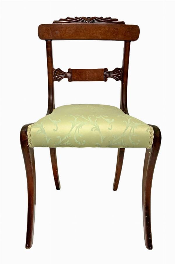 N. 6 chairs with inlaid backpack, saber foot, early 20th century. H 87 cm.