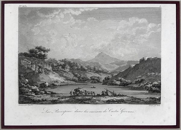 Incisione raffigurante Lac Proserpine dans les environs di Castro Giovanni. tratta da Saint-Non. NÂ° 45.
Cm 20x27