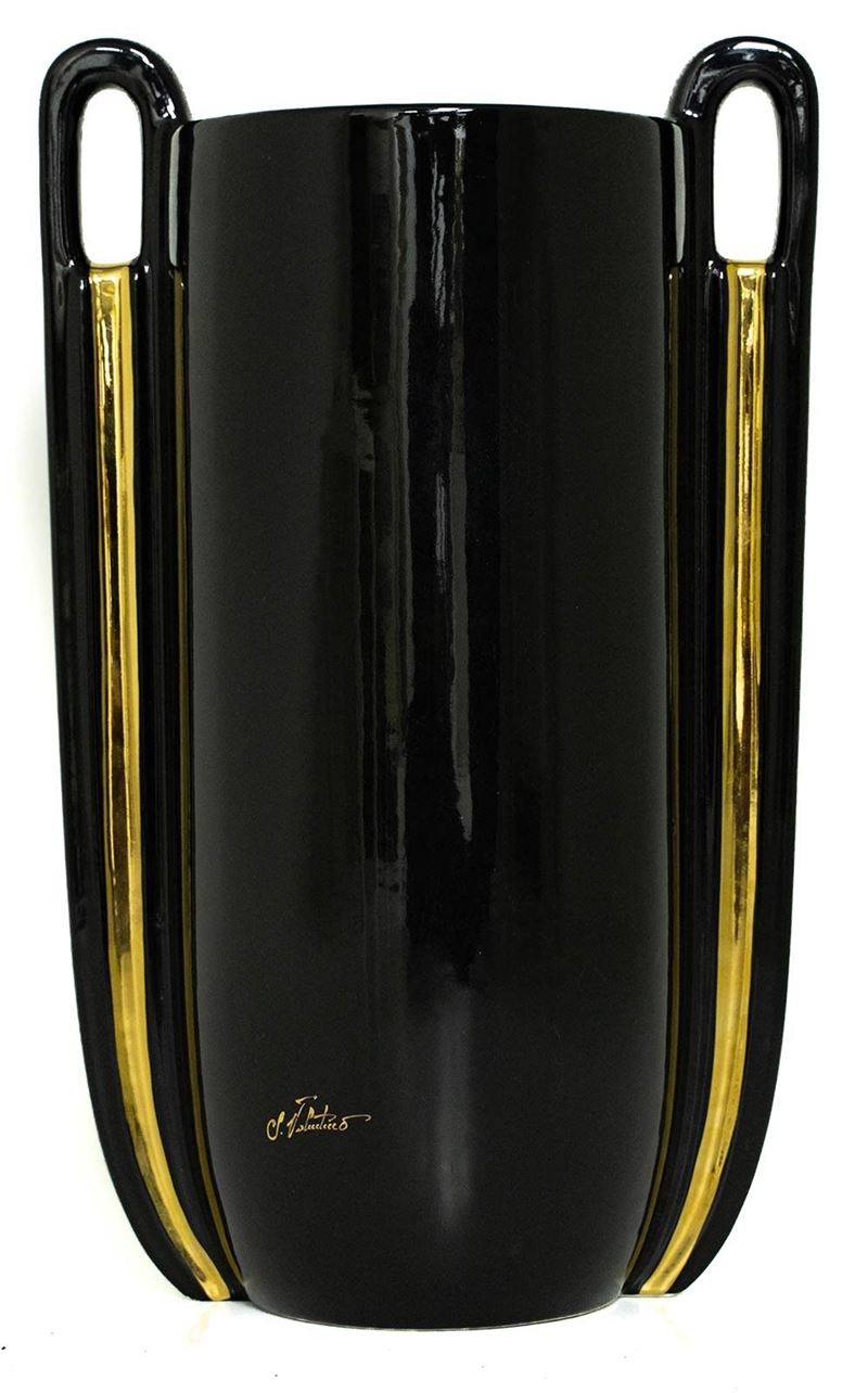 Vaso decorativo nero e dorato, h 50 cm, XX secolo