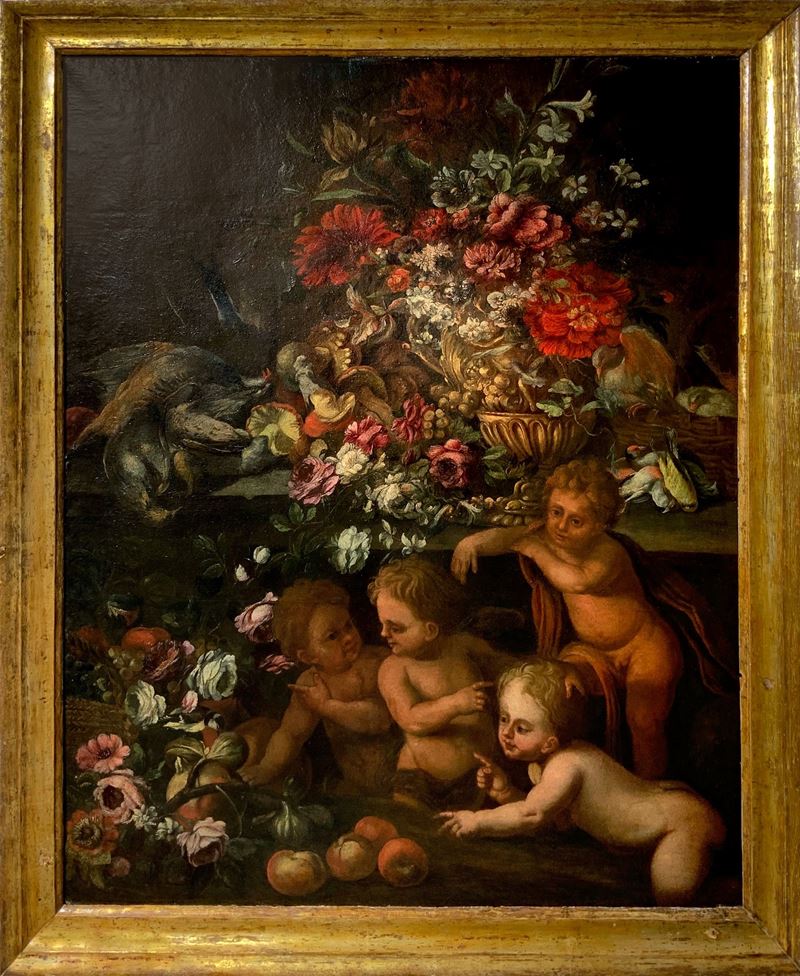 Trionfo di fiori con frutta, selvaggina e gioco di putti
