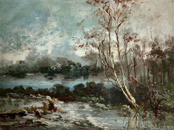 Dipinto ad olio su tela raffigurante paesaggio fluviale con alberi, inizi XX secolo. Cm 75x100. Privo di cornice.
