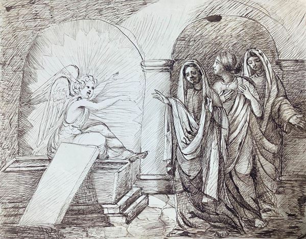  ink drawing on paper depicting the resurrection from the tomb, unknown artist of the nineteenth century. 295 x 385 mm