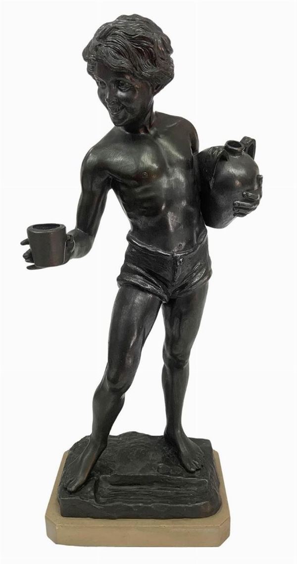 Statue of young water-carrier, signed at the rear base. Total height 56 ​​cm.