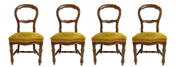Four of the walnut chairs. Of which 1 is broken at the curve of the back, glued. H cm 87. Seat 42 cm h.