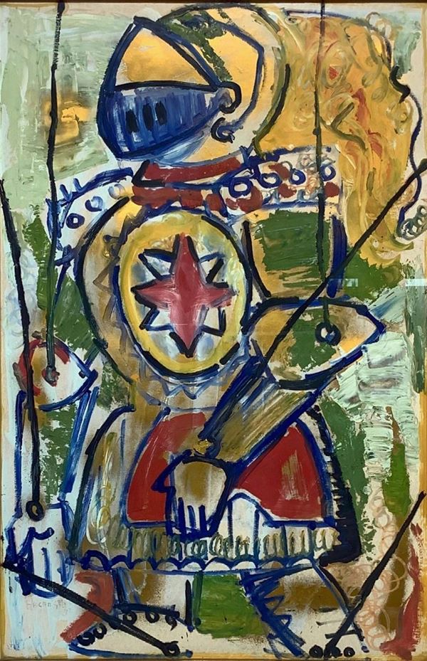 Olio su cartone raffigurante pupo  siciliano in armatura, XX secolo. Firmato in basso a sinistra Arcangeli e datato 73. Cm 70x 45, in cornice cm 85x62