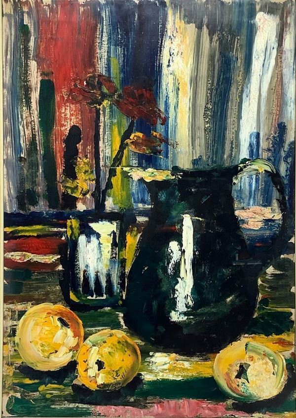 Olio su cartoncino raffigurante natura morta con mele e boccale, XX secolo. Attribuito Arcangeli.  Cm 67x46, in cornice cm 82x63.
