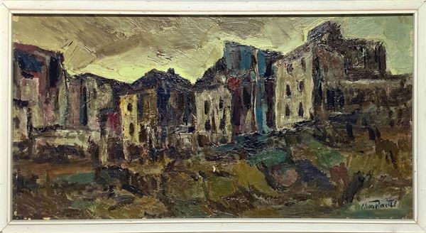 Olio su tavola raffigurante paesaggio con case, Nino Raciti (Catania, 1939). Cm 31x61,5