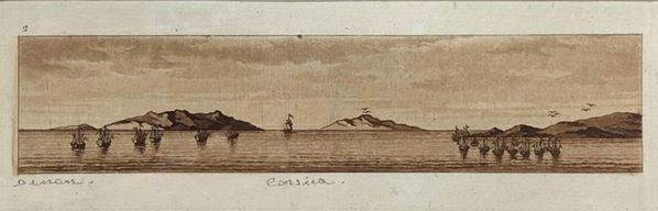 Incisione in bella cornice di legno invecchiato dorato tratte dal Viaggio nel basso ed alto Egitto. Illustrato dal. Denon. Firenze,Giuseppe Tofani edizioni, 1808, raffigurante la Tav:a2 veduta della parte settentrionale della Corsica con passaggio tra capo corso e  l’isola di capraia.215 x 365 mm. Vivant Dominique Denon (Chalon-sur-Saône 1747- Paris 1825)
Fu alla corte di Luigi XV dove ebbe diversi incarichi ufficiali per catalogazione e conservazione di beni artistici.
Seguì l’ambasciatore di