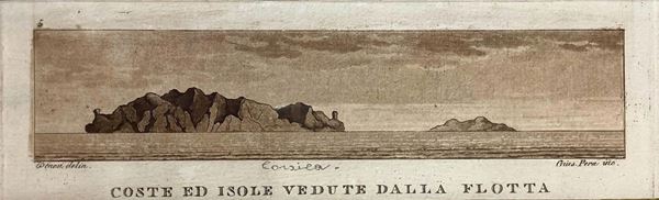 Incisione in bella cornice di legno invecchiato dorato tratte dal Viaggio nel basso ed alto Egitto. Illustrato dal. Denon. Firenze,Giuseppe Tofani edizioni, 1808, raffigurante la Tav:a5 veduta della parte sud dell’isola di Capraia  con due torri a destra e sinistra, con scoglio chiamato isola della gorgone. 215 x 365 mm.Vivant Dominique Denon (Chalon-sur-Saône 1747- Paris 1825)
Fu alla corte di Luigi XV dove ebbe diversi incarichi ufficiali per catalogazione e conservazione di beni artistici.