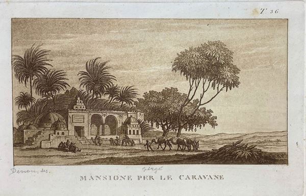 Incisione a seppia in bella cornice in legno di noce tratte dal Viaggio nel basso ed alto Egitto. Illustrato dal. Denon. Firenze, Giuseppe Tofani edizioni, 1808, raffigurante la Tav:36 Mansione per le Caravane. 
270x360 mm (140X181mm senza cornice) . Vivant Dominique Denon (Chalon-sur-Saône 1747- Paris 1825)
Fu alla corte di Luigi XV dove ebbe diversi incarichi ufficiali per catalogazione e conservazione di beni artistici.
Seguì l’ambasciatore di Francia, il conte Clermont D’Amboise, a Napoli 