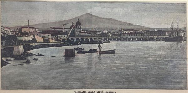 Incisione ad acquaforte colorata tratta da Le cento città d’Italia 1998 raffigurante il panorama del porto di Catania, cm 12,5x25 in cornice color noce piatta cm 42x 57