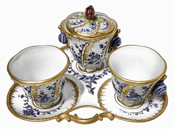 Coffee set tete a tete, Sevres Manufactory. With sugar bowl and tray, XX century.