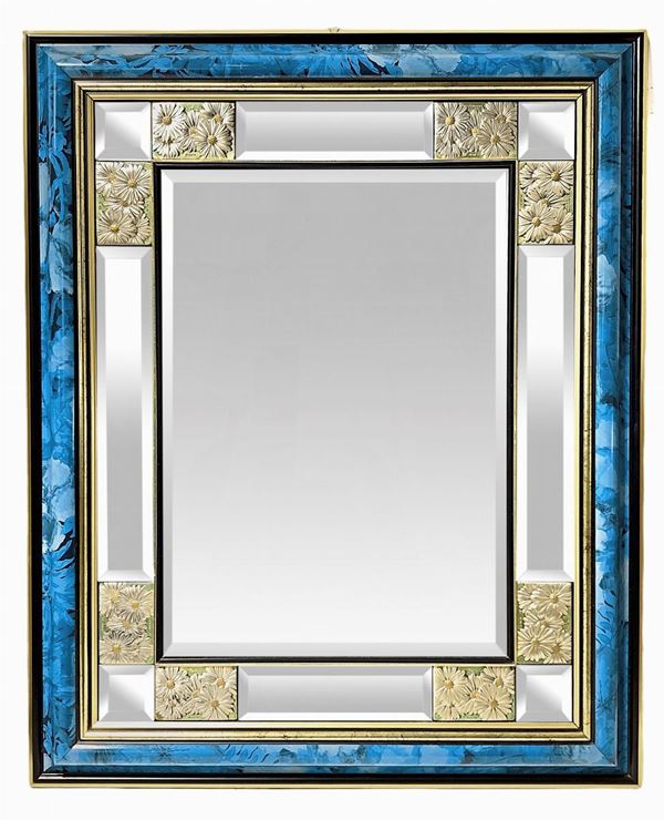 Mirror with frame of lacquered wood laminate cobalt with reliefs 925 bevelled mirror silver. 70x 56 cm H