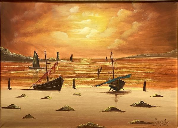 Oil painting on canvas depicting seascape with boats at sunset, signed Boëly. 68x48 cm, in frame 76x85 cm