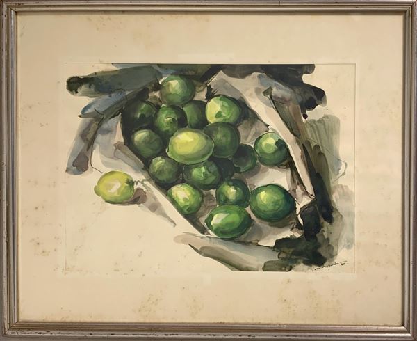 Francesco Contrafatto - Contraffatto, watercolor on paper depicting lemons. Signed and dated 75 lower right. 34x48 cm, in frame 54x68 cm