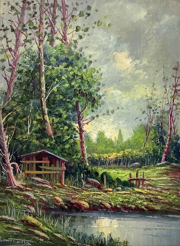 Remo Testa - Dipinto ad olio su tela su supporto rigido raffigurante cascina con alberi sul lago, Remo Testa, XX secolo. Cm 27x36, in cornice cm 59x49