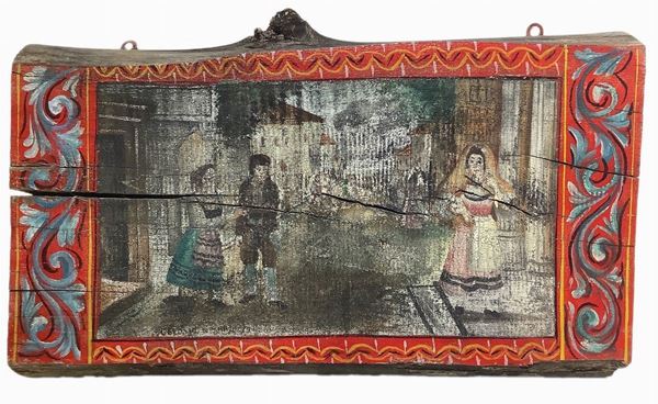 Tavola raffigurante scene della Cavalleria Rusticana, gelosia di Sara, Sicilia fine del XIX secolo, inizi XX secolo. Cm 39x67x6
