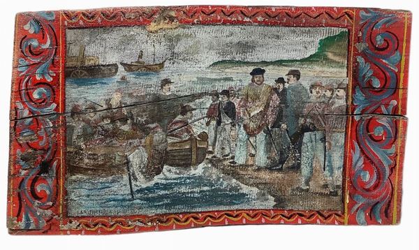 Tavola raffigurante sbarco di Garibaldi in Sicilia con i Mille, fine del XIX secolo, inizi XX secolo, Sicilia. Cm 41x66x6 