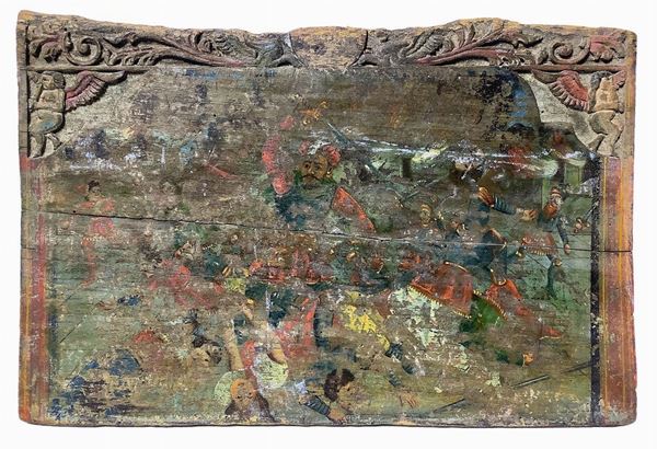 Sicilian cart part depicting Saracens in combat. Cm 33x51.
