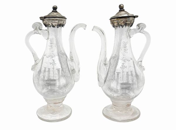 Couple of ampules in glass with silver lid 800. H 16 cm