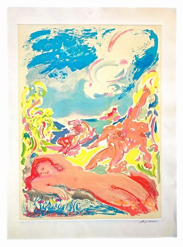 Sassu, etching, aquatint and lithograph in 13 colors, "Eion The goddess of the beach", 2/125, signed on the lower right corner and dated 1985. Sassu Opera without a frame