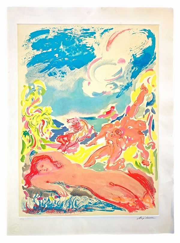 Aligi Sassu, acquaforte, acquatinta e litografia a 13 colori, “Eione La dea della spiaggia”, 2/125, firmato in basso a destra Aligi Sassu e datata 1985. Opera sprovvista di cornice