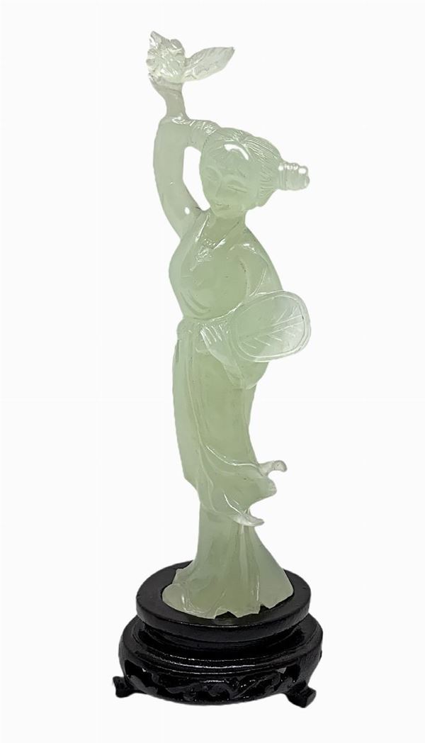 Jade Guanyin jade green, height 21 cm with stand