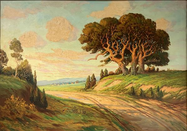Dipinto ad olio su tela raffigurante paesaggio con strada di campagna, firmato in basso al centro K. Burk. Inizi XX secolo. Cm 70x100, in cornice cm 85x115