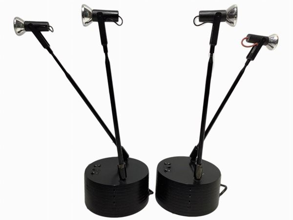 Luxo, Hans Ansems drawing, pair of table lamps with black lacquered metal telescopic speakers. 80s.