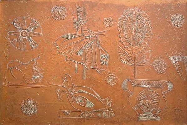 Italian production in the style of Bragalini. Embossed copper panel. YEARS â € 50, depicting informal decorations.
45x80 cm