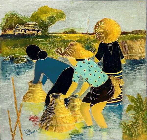 Engraving depicting rice binders in rice fields with a typical straw cone hat. Written at the bottom left Nang Thailand 18.
Mm ...