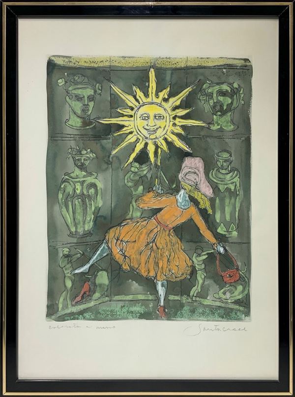 Litografia su carta colorata a mano raffigurante donna con sole, Antonio Santacroce (Rosolini 1945). Firmata Santacroce
cm 70x50