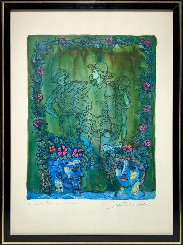 Lithograph on hand-colored paper depicting characters. Antonio Santacroce (Rosolini 1945). Signed at the bottom right Santa Croce
Cm 70x50