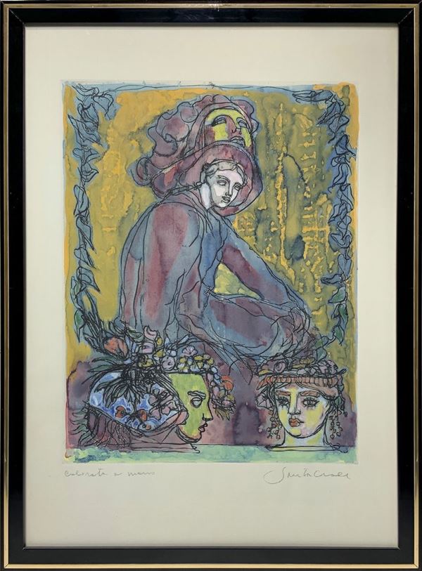 Litografia su carta colorata a mano raffigurante personaggi, Antonio Santacroce (Rosolini 1945). Firmata Santacroce cm 70x50