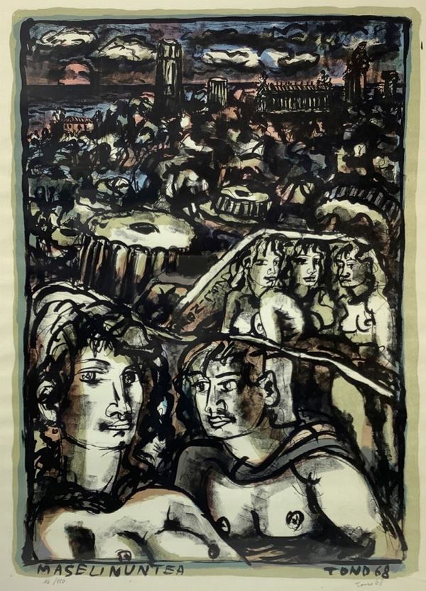 Serigrafia a colori raffigurante â€œMaselinunteaâ€, 14/110. firmato in basso a destra Tono Zancanaro e datato 68 (1906-1985)
Cm 71x51