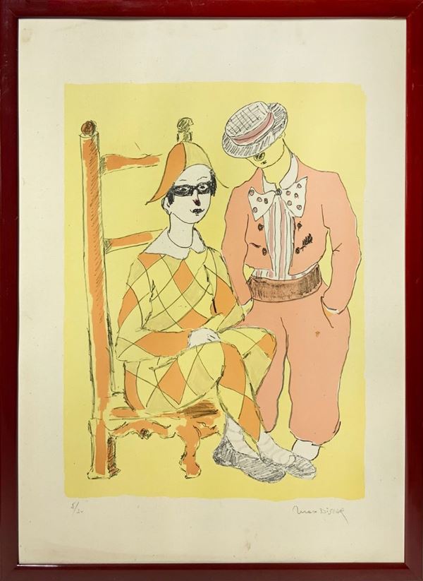 Max Dissar (1908-1993), litografia raffigurante personaggi circensi, 5/50. Firmata in basso a destra
Cm 70x50