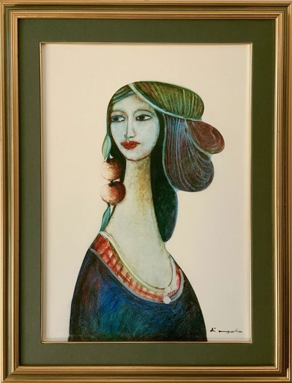 Dipinto ad olio su tela raffigurante figura femminile, Firmato Cesare d'Angelo (Catania). 
Cm 70x50, in cornice 87 x 67