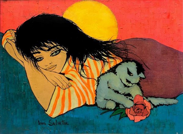 Dipinto ad olio su tela raffigurante ragazza con gatto, Anna Salvatore&nbsp (Roma,&nbsp  1923 &ndash  Roma, 1978)&nbsp . Titolo "Figura 4". Firmato ... 