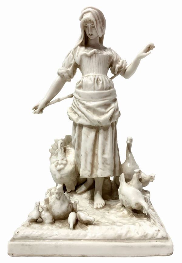 Statua in porcellana raffigurante ragazza con galline