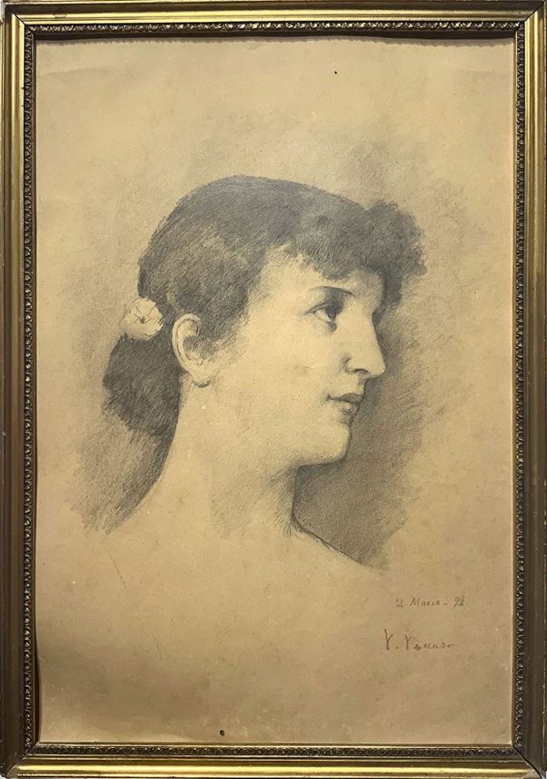 Disegno raffigurante viso di donna   (1892)  - Disegno a matita su carta - Asta Asta di dipinti, oggetti, arte orientale e mobili - Casa d'aste La Rosa