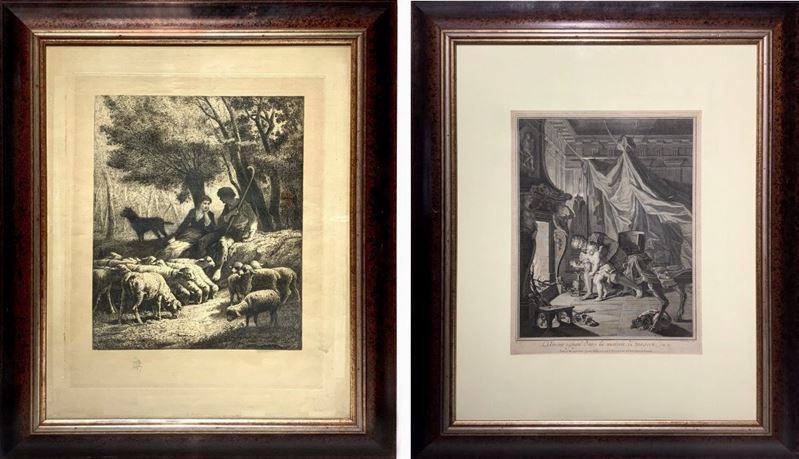 Coppia di incisioni raffiguranti amore in casa di Anacreonte e scena pastorale